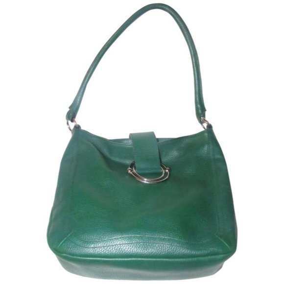 Furla Deep Green Leather Chrome Accent Satchel